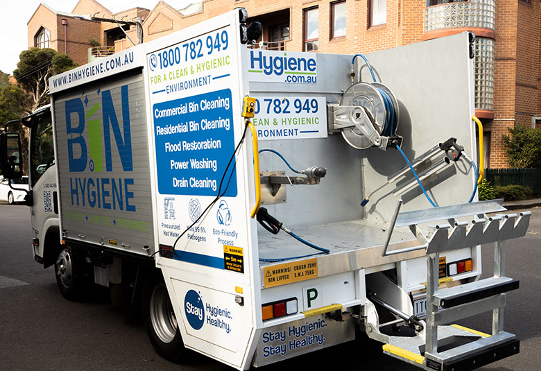 Back of the bin hygiene truck used for bin cleaning in Melbourne